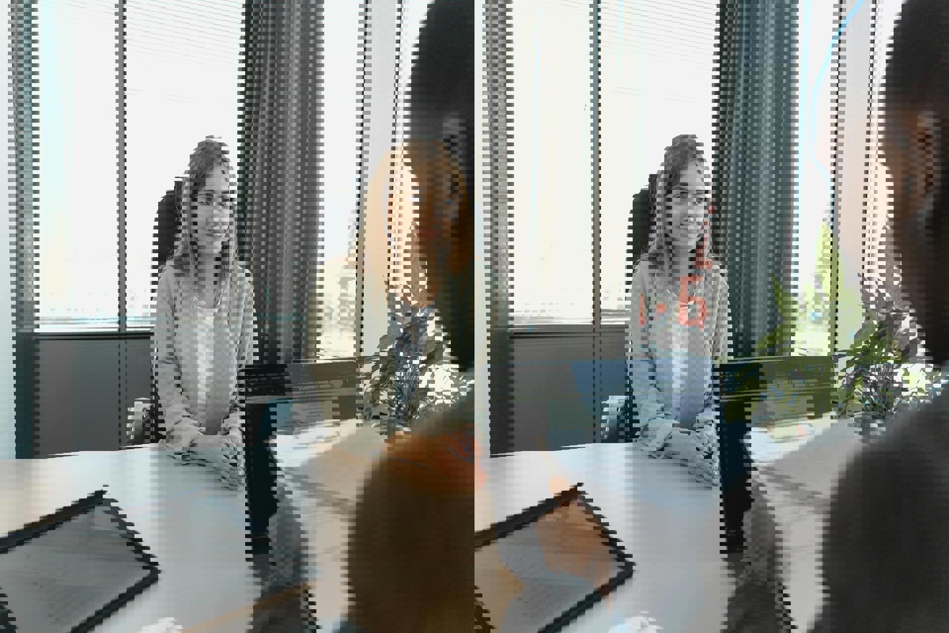 pre-law student interviewing with a law school admissions department head