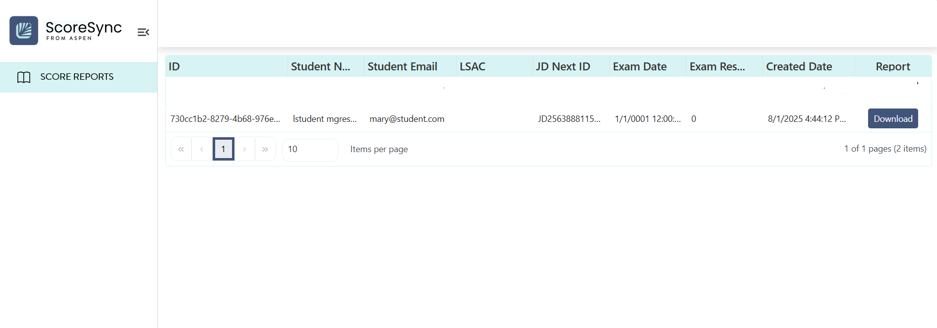 Test Day Selection Screen