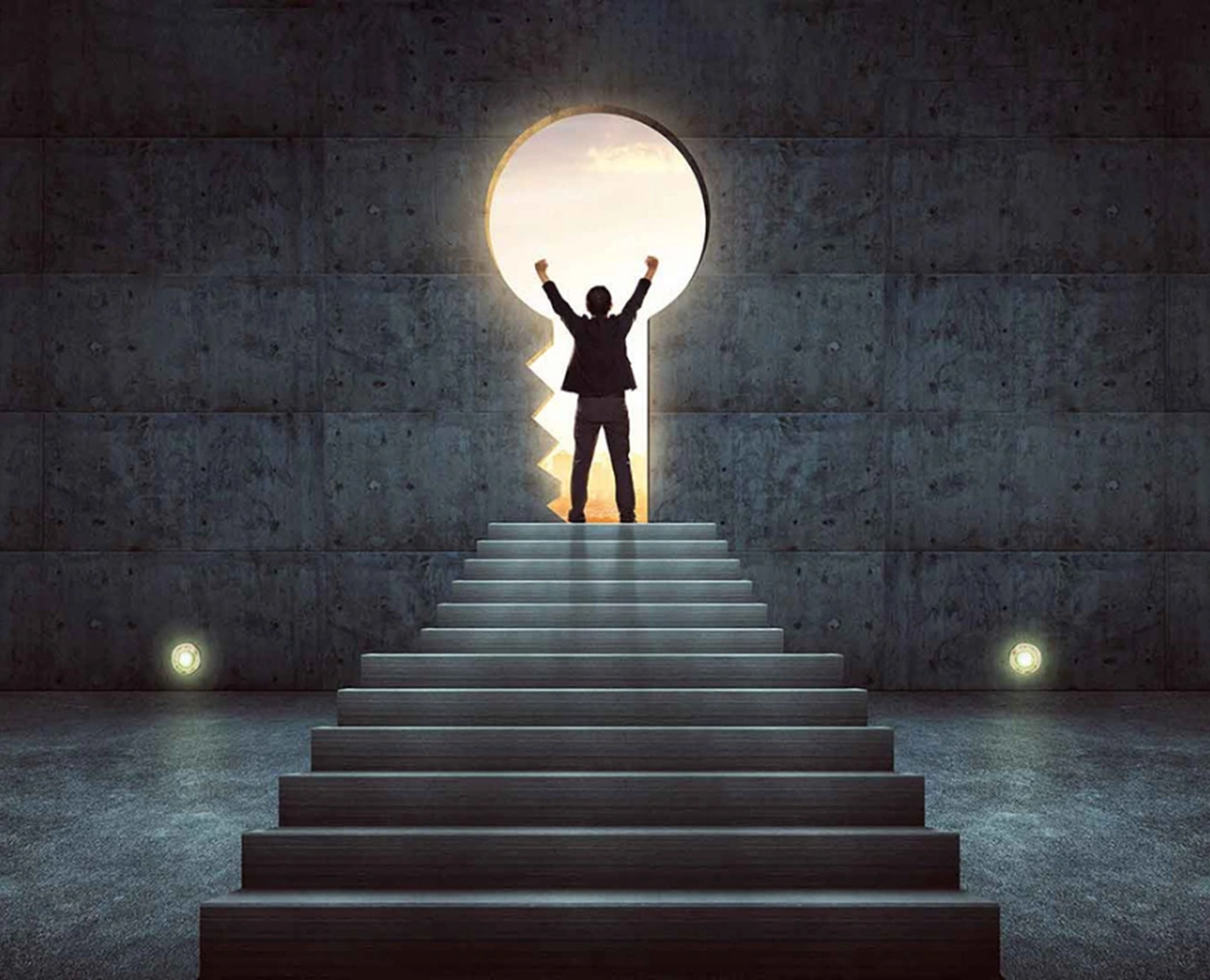 Prospective law student standing at key-shaped entrance