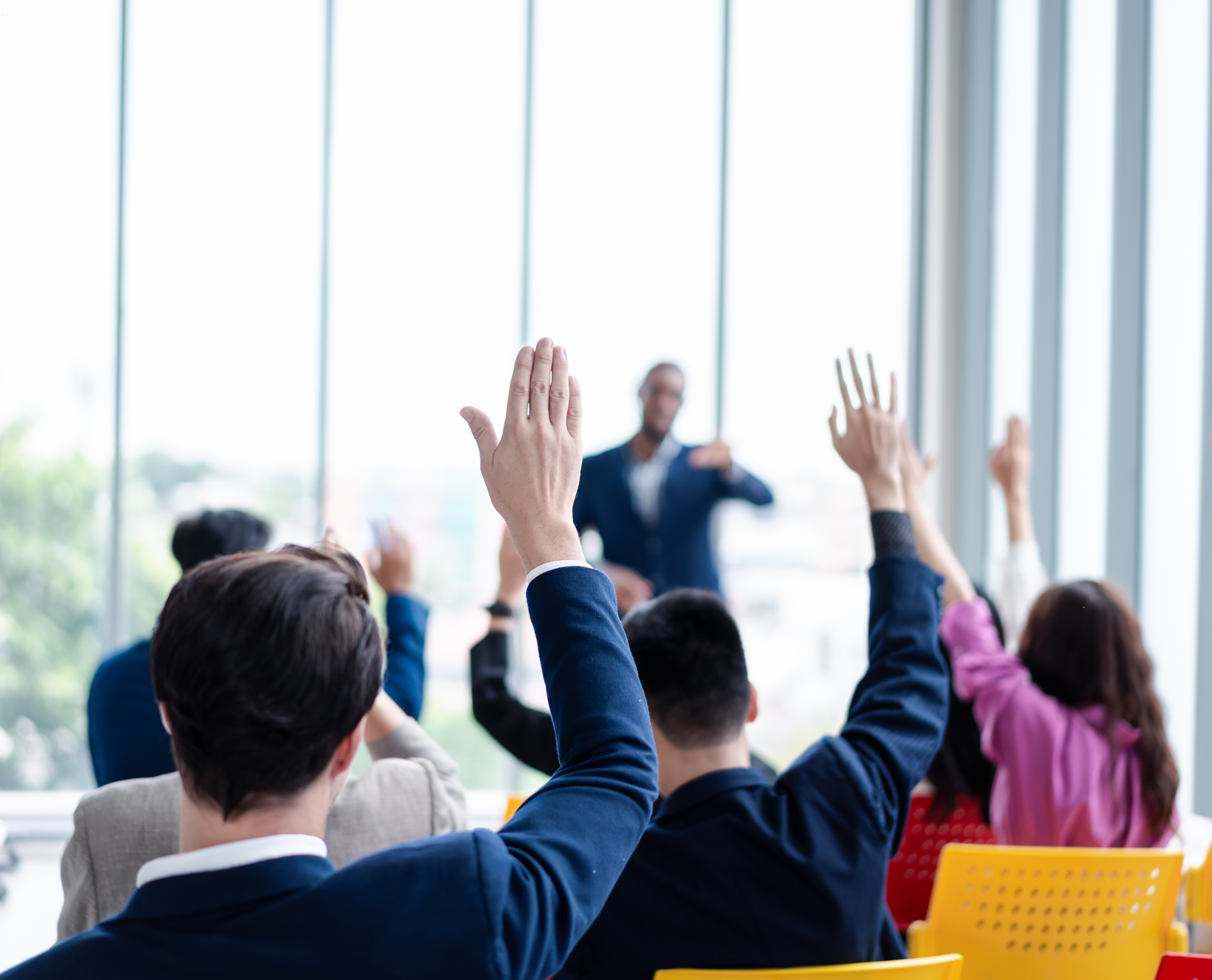 hands raised to ask question about JD-Next Admissions Assessment